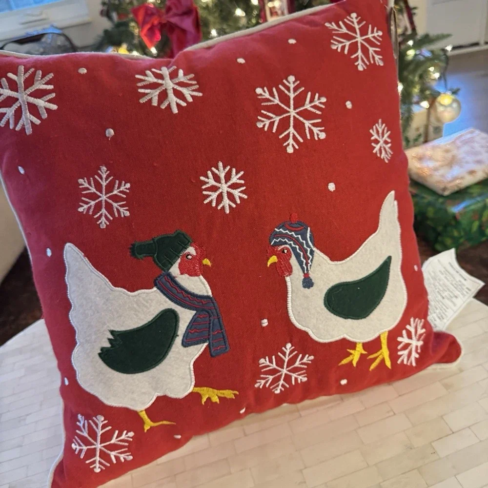 New Chicken Christmas Linen Throw Pillow Red Snowflake Farmhouse Winter 18" - Picture 7 of 7